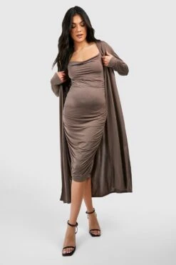 Umstandsmode Midikleid Mit Wasserfallausschnitt Und Duster-Mantel -Stil Formen Verkäufe bzz01304 mocha xl 2