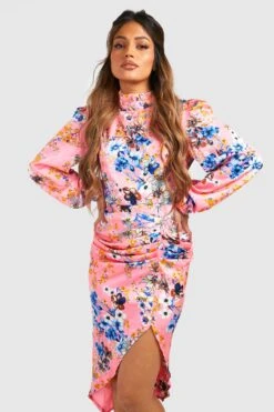 Hochgeschlossenes Gerafftes Midikleid Mit Floralem Print -Stil Formen Verkäufe fzz32665 blush xl 2