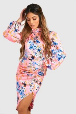 Hochgeschlossenes Gerafftes Midikleid Mit Floralem Print -Stil Formen Verkäufe fzz32665 blush xl 3