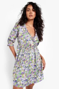 Florales Wickel-Smokkleid Mit Puffärmeln -Stil Formen Verkäufe gzz00874 purple xl 2