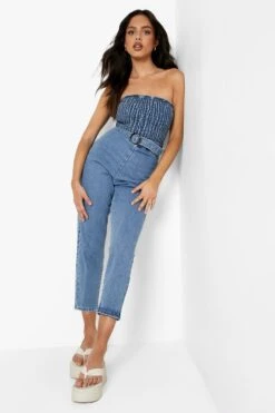 Geraffter Bandeau Denim-Jumpsuit Mit Gürtel