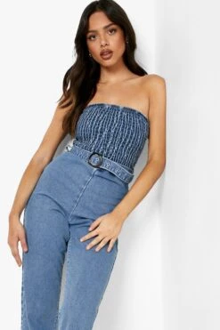Geraffter Bandeau Denim-Jumpsuit Mit Gürtel -Stil Formen Verkäufe gzz01946 mid20blue xl 2