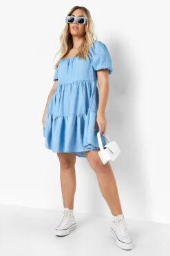 Plus Smok-Kleid Mit Geradem Ausschnitt -Stil Formen Verkäufe gzz03018 denim blue xl 2