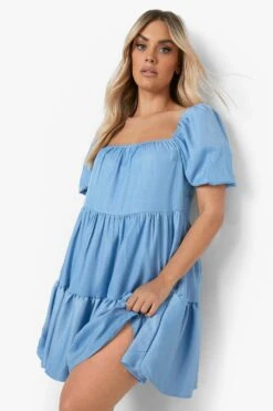 Plus Smok-Kleid Mit Geradem Ausschnitt -Stil Formen Verkäufe gzz03018 denim blue xl 3