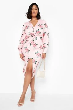 Plus Florales Kleid Mit Twist Vorne -Stil Formen Verkäufe gzz05363 pink xl 2
