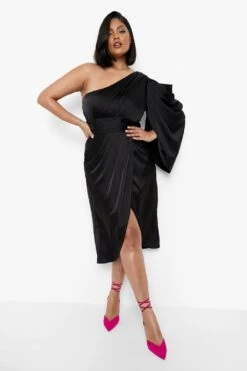 Plus Einärmliges Drapiertes Wickel-Kleid Aus Satin -Stil Formen Verkäufe gzz05951 black xl 2