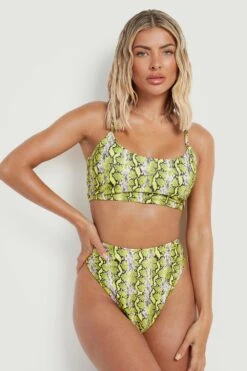 Neon Schlagenprint Bikinihose Mit Hohem Bund