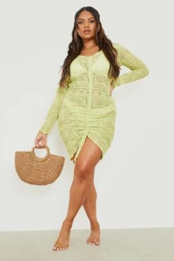 Plus Gehäkeltes Gerafftes Strandkleid -Stil Formen Verkäufe gzz14076 lime xl 2