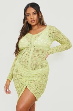 Plus Gehäkeltes Gerafftes Strandkleid -Stil Formen Verkäufe gzz14076 lime xl 3