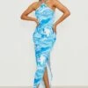 Neckholder-Maxikleid Mit Seitenschlitz Und Marmor-Print -Stil Formen Verkäufe gzz16933 blue xl