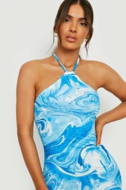 Neckholder-Maxikleid Mit Seitenschlitz Und Marmor-Print -Stil Formen Verkäufe gzz16933 blue xl 3