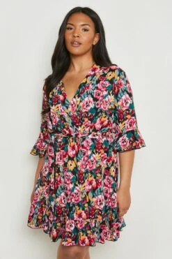 Plus Florales Wickelkleid Mit Gürtel -Stil Formen Verkäufe gzz17162 black xl 2