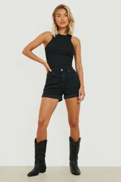 Schwarze Gerollte Jeansshorts