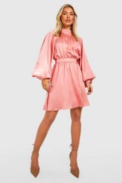 Satin Midi-Skaterkleid Mit Blouson-Ärmeln -Stil Formen Verkäufe gzz20160 pink xl 2