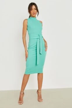 Hochgeschlossenes ärmelloses Midikleid Mit Bindegürtel -Stil Formen Verkäufe gzz21445 jade xl 2