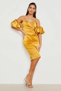 Schulterfreis Strukturieres Satin-Midikleid 8 Schulterfreis Strukturieres Satin-Midikleid -Stil Formen Verkäufe gzz23682 mustard xl 2