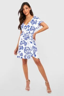 Porzellan-Print Wickel-Kleid Mit Rüschen -Stil Formen Verkäufe gzz23876 blue xl 2