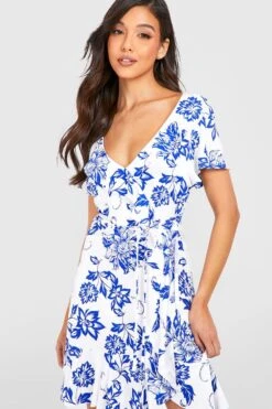 Porzellan-Print Wickel-Kleid Mit Rüschen -Stil Formen Verkäufe gzz23876 blue xl 3