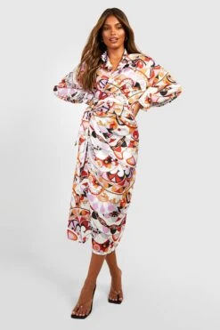 Satin Hemd-Kleid Mit Geteilten Ärmeln Und Abstraktem Print