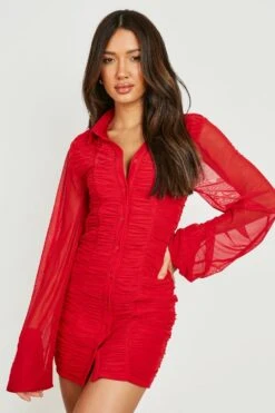 Gerafftes Drapiertes Mesh-Hemdkleid -Stil Formen Verkäufe gzz25481 berry xl 2