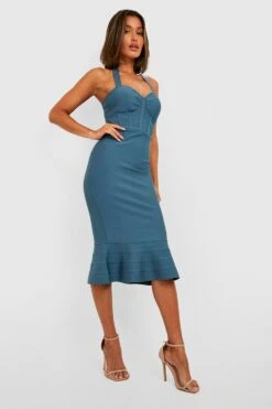 Korsett Bandagen-Midikleid Mit Rüschensaum -Stil Formen Verkäufe gzz26461 teal xl 2