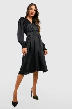 Midi-Skaterkleid Aus Satin Mit Gürtel Und Gerafften Bündchen -Stil Formen Verkäufe gzz33197 black xl 2