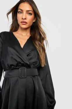 Midi-Skaterkleid Aus Satin Mit Gürtel Und Gerafften Bündchen -Stil Formen Verkäufe gzz33197 black xl 3