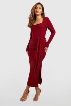 Midikleid Mit Geradem Ausschnitt Und Gürtel -Stil Formen Verkäufe gzz34146 berry xl 2