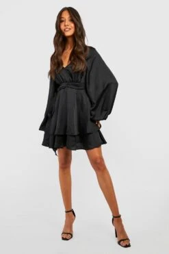 Satin-Skaterkleid Mit Blousonärmeln Und Tiefem Ausschnitt -Stil Formen Verkäufe gzz35591 black xl 2