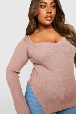 Plus Rippstrick Oberteil Mit Sweetheart-Ausschnitt -Stil Formen Verkäufe gzz37730 mocha xl 3