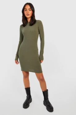 Langärmliges Geripptes Kleid Mit Seitenschlitz -Stil Formen Verkäufe gzz37919 khaki xl 2