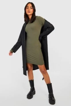 Langärmliges Geripptes Kleid Mit Seitenschlitz -Stil Formen Verkäufe gzz37919 khaki xl 3