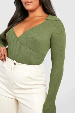 Plus Rippstrick Wickel-Body Mit Kragen -Stil Formen Verkäufe gzz37935 khaki xl 3