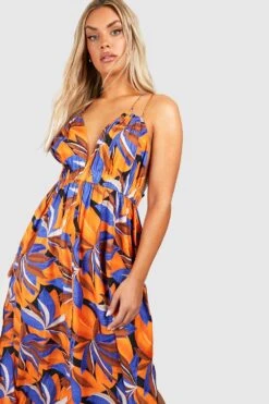 Plus Maxikleid Mit Tropischem Print, Rüschen-Detail Und Tiefem Ausschnitt -Stil Formen Verkäufe gzz38003 orange xl 2