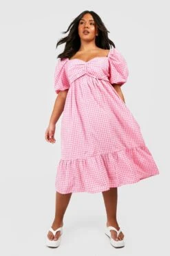 Plus Gingham-Midikleid Mit Gänseblümchen-Stickerei -Stil Formen Verkäufe gzz38096 pink xl 2