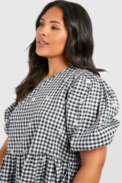 Plus Besticktes Gingham Kitteloberteil -Stil Formen Verkäufe gzz38097 black xl 3