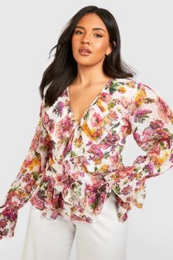 Plus Florale Mesh-Bluse Mit Rüschen Vorne