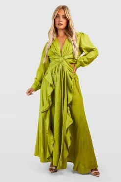 Plus Cut-Out Rüschen-Maxikleid Aus Leinen -Stil Formen Verkäufe gzz38113 olive xl 2