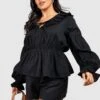 Plus Leinen Rüschen-Bluse Mit Schnür-Detail -Stil Formen Verkäufe gzz38165 black xl