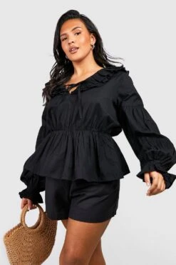 Plus Leinen Rüschen-Bluse Mit Schnür-Detail