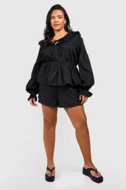 Plus Leinen Rüschen-Bluse Mit Schnür-Detail -Stil Formen Verkäufe gzz38165 black xl 2