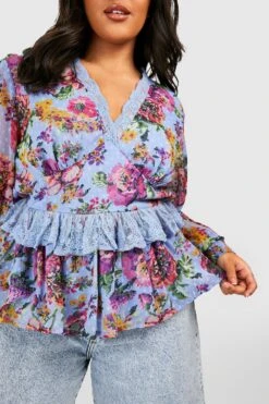 Plus Gemustertes Mesh-Schößchentop Aus Spitze -Stil Formen Verkäufe gzz38419 blue xl 3