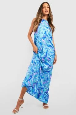 Neckholder-Maxikleid Mit Rüschensaum Und Marmor-Print