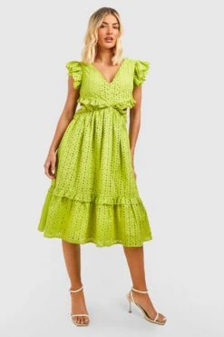 Lochmuster Cut-Out Midikleid Mit Rüschen