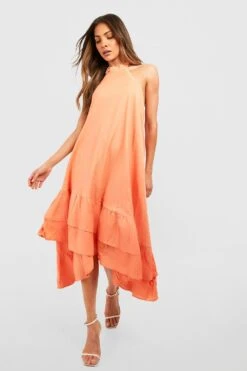 Neckholder-Midikleid Mit Rüschen Aus Leinen -Stil Formen Verkäufe gzz38879 coral xl 2