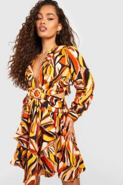 Cut-Out Rüschen-Skaterkleid Mit Abstraktem Print