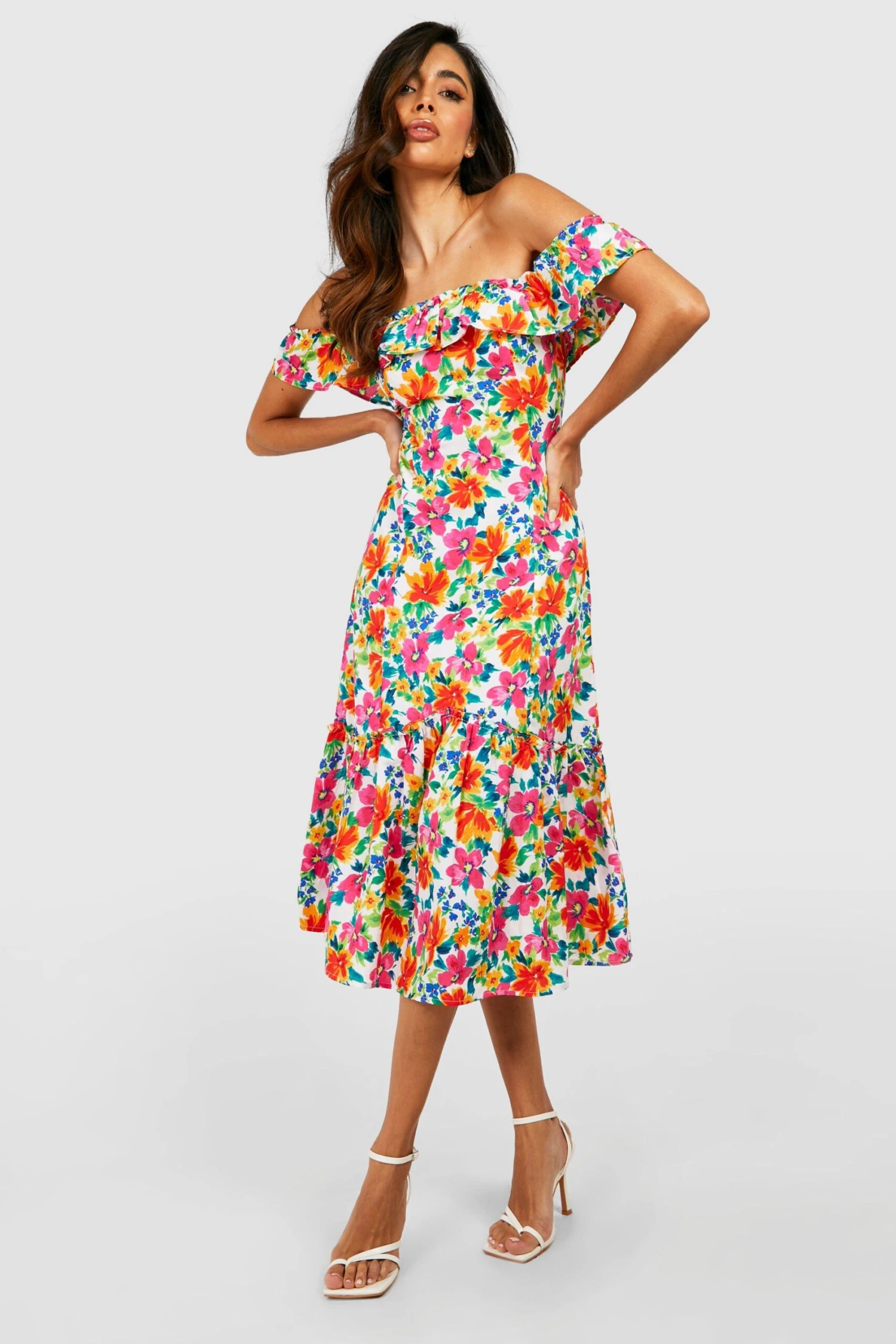 Schulterfreies Florales Rüschen-Midikleid 3 Schulterfreies Florales Rüschen-Midikleid