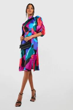 Abstraktes Satin-Midikleid Mit Puffärmeln -Stil Formen Verkäufe gzz39075 multi xl 2