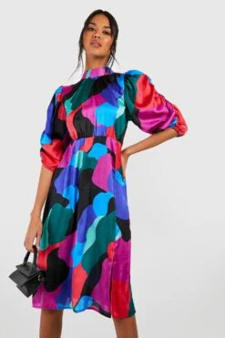 Abstraktes Satin-Midikleid Mit Puffärmeln -Stil Formen Verkäufe gzz39075 multi xl 3