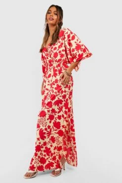 Florales Wickel-Maxikleid Mit Fledermaus-Ärmeln